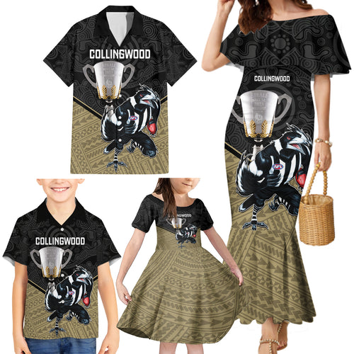 personalised-collingwood-football-family-matching-mermaid-dress-and-hawaiian-shirt-magpies-go-champions-2023-polynesian-indigenous-art