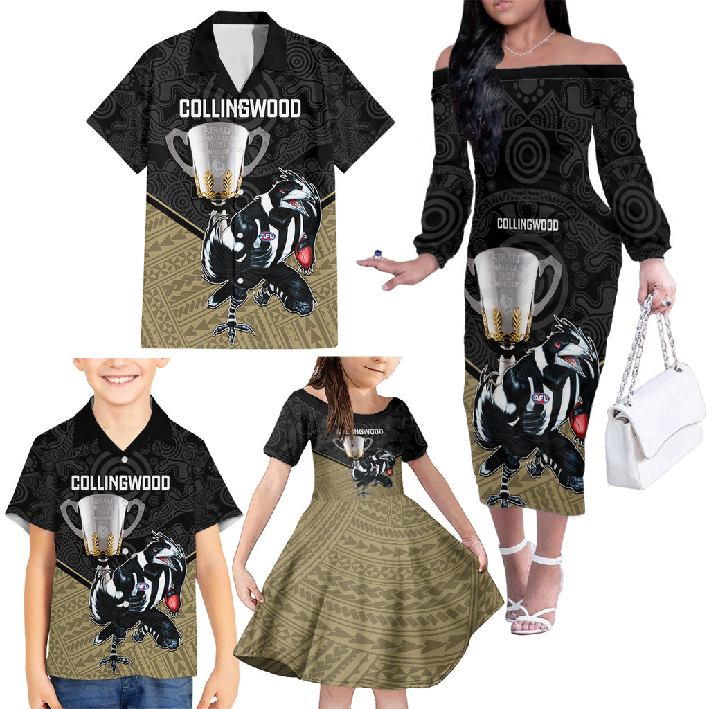 personalised-collingwood-football-family-matching-off-shoulder-long-sleeve-dress-and-hawaiian-shirt-magpies-go-champions-2023-polynesian-indigenous-art