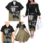 personalised-collingwood-football-family-matching-off-shoulder-long-sleeve-dress-and-hawaiian-shirt-magpies-go-champions-2023-polynesian-indigenous-art