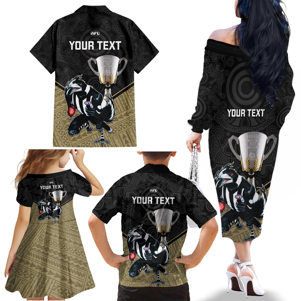 personalised-collingwood-football-family-matching-off-shoulder-long-sleeve-dress-and-hawaiian-shirt-magpies-go-champions-2023-polynesian-indigenous-art