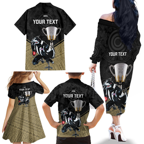 personalised-collingwood-football-family-matching-off-shoulder-long-sleeve-dress-and-hawaiian-shirt-magpies-go-champions-2023-polynesian-indigenous-art