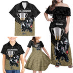 personalised-collingwood-football-family-matching-off-shoulder-maxi-dress-and-hawaiian-shirt-magpies-go-champions-2023-polynesian-indigenous-art