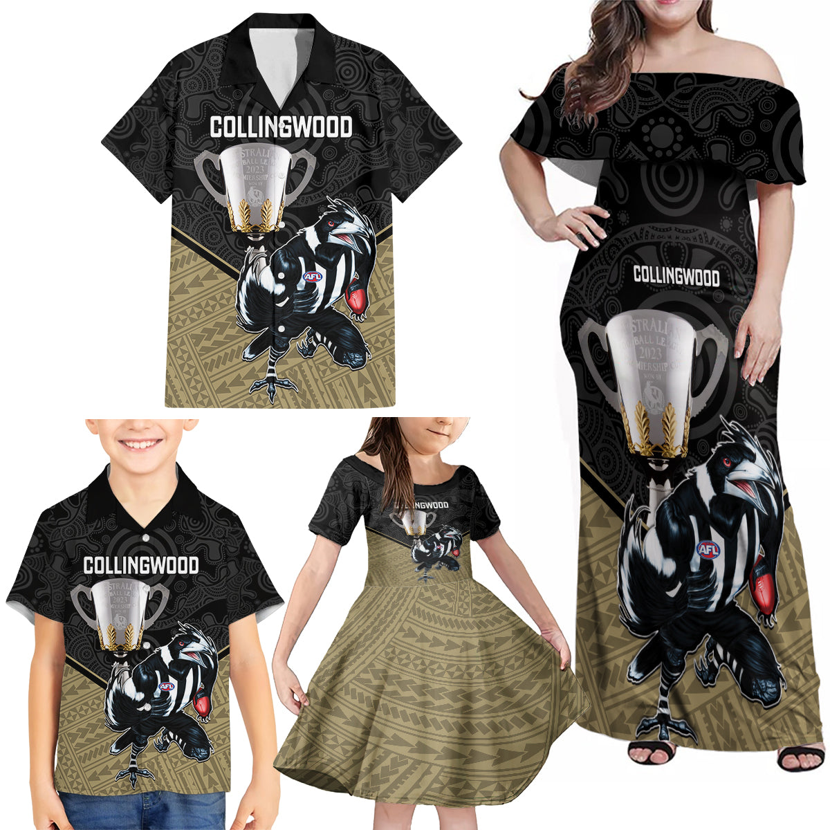 personalised-collingwood-football-family-matching-off-shoulder-maxi-dress-and-hawaiian-shirt-magpies-go-champions-2023-polynesian-indigenous-art