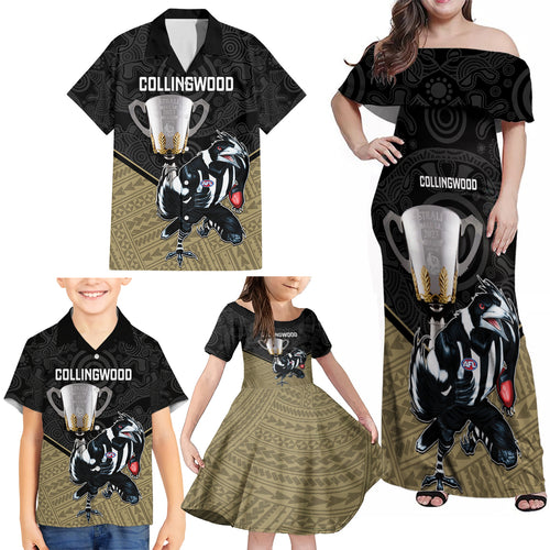 personalised-collingwood-football-family-matching-off-shoulder-maxi-dress-and-hawaiian-shirt-magpies-go-champions-2023-polynesian-indigenous-art