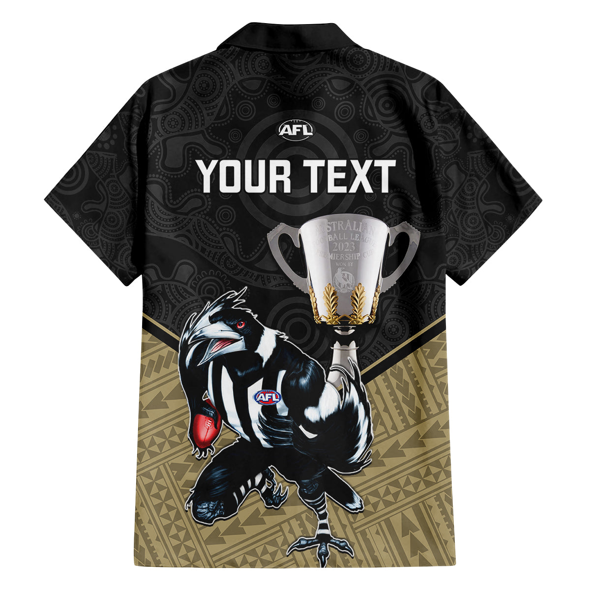 personalised-collingwood-football-family-matching-off-shoulder-maxi-dress-and-hawaiian-shirt-magpies-go-champions-2023-polynesian-indigenous-art