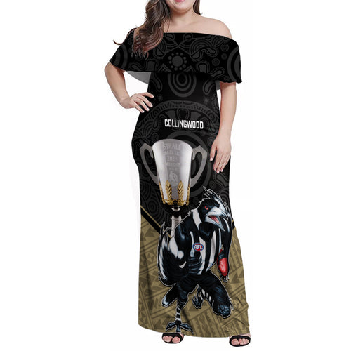 personalised-collingwood-football-family-matching-off-shoulder-maxi-dress-and-hawaiian-shirt-magpies-go-champions-2023-polynesian-indigenous-art