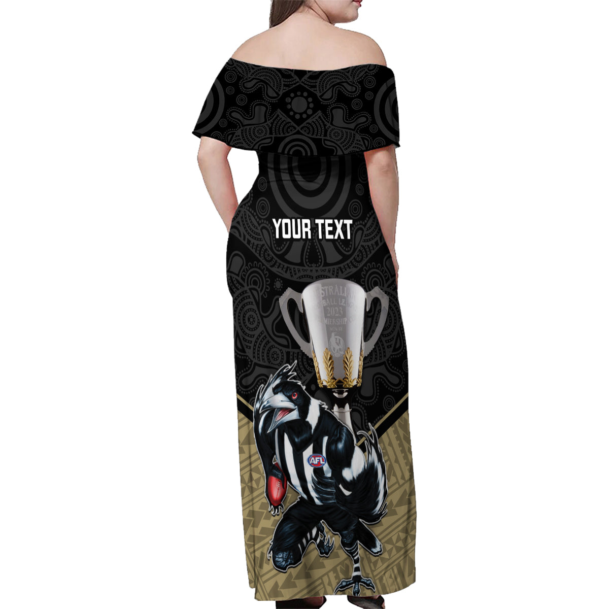 personalised-collingwood-football-family-matching-off-shoulder-maxi-dress-and-hawaiian-shirt-magpies-go-champions-2023-polynesian-indigenous-art