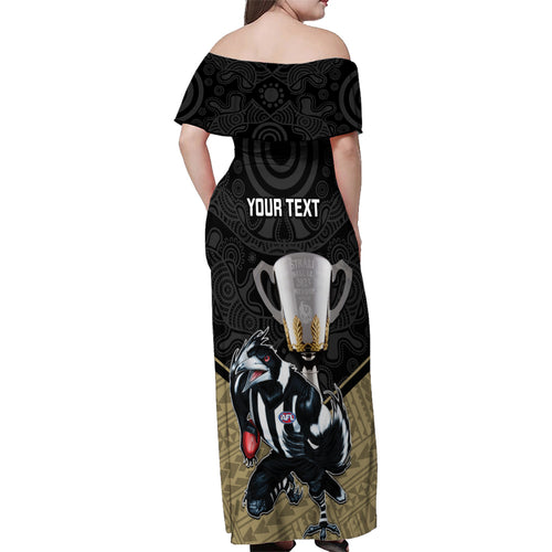 personalised-collingwood-football-family-matching-off-shoulder-maxi-dress-and-hawaiian-shirt-magpies-go-champions-2023-polynesian-indigenous-art