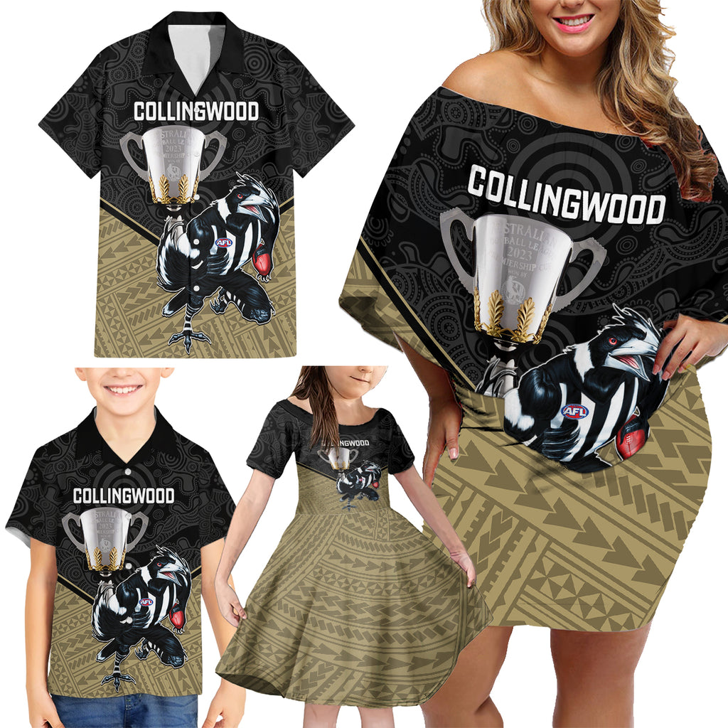 personalised-collingwood-football-family-matching-off-shoulder-short-dress-and-hawaiian-shirt-magpies-go-champions-2023-polynesian-indigenous-art