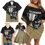 personalised-collingwood-football-family-matching-off-shoulder-short-dress-and-hawaiian-shirt-magpies-go-champions-2023-polynesian-indigenous-art