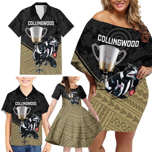 personalised-collingwood-football-family-matching-off-shoulder-short-dress-and-hawaiian-shirt-magpies-go-champions-2023-polynesian-indigenous-art