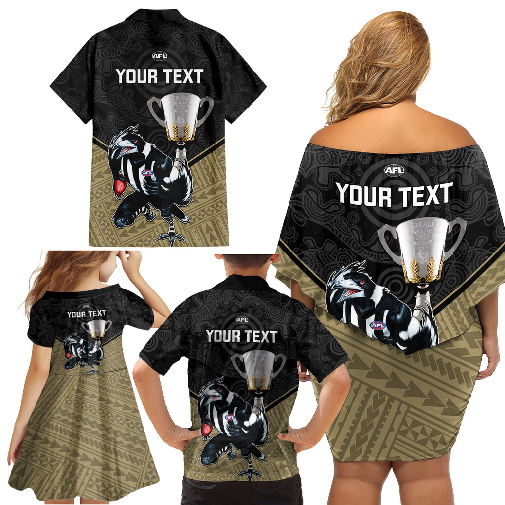 personalised-collingwood-football-family-matching-off-shoulder-short-dress-and-hawaiian-shirt-magpies-go-champions-2023-polynesian-indigenous-art