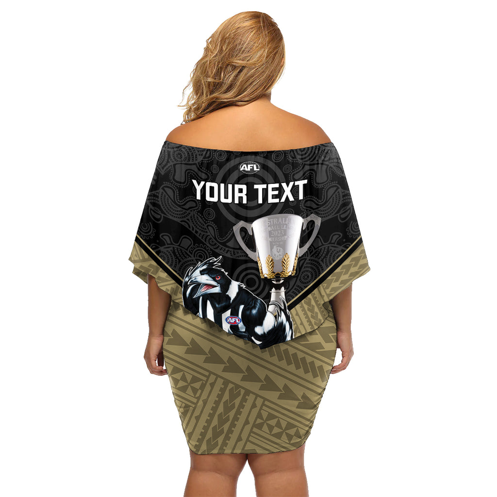 personalised-collingwood-football-family-matching-off-shoulder-short-dress-and-hawaiian-shirt-magpies-go-champions-2023-polynesian-indigenous-art