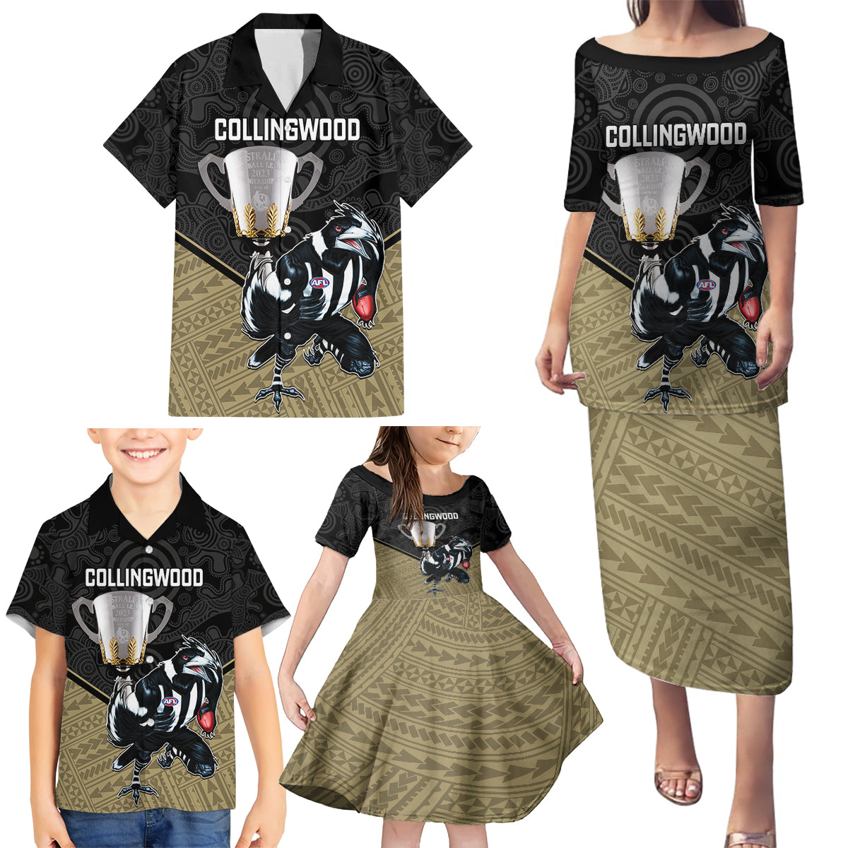 personalised-collingwood-football-family-matching-puletasi-dress-and-hawaiian-shirt-magpies-go-champions-2023-polynesian-indigenous-art