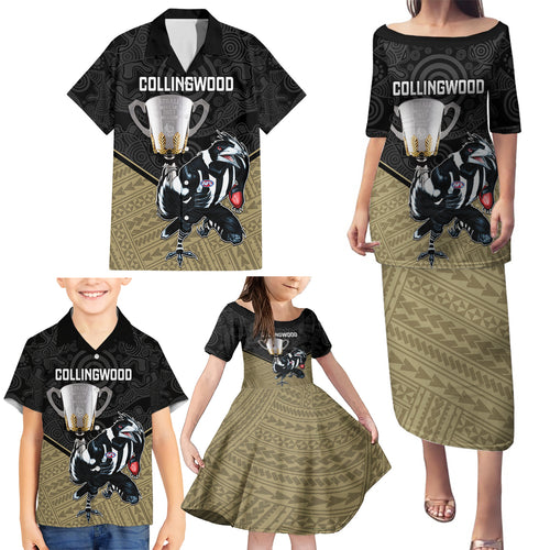 personalised-collingwood-football-family-matching-puletasi-dress-and-hawaiian-shirt-magpies-go-champions-2023-polynesian-indigenous-art
