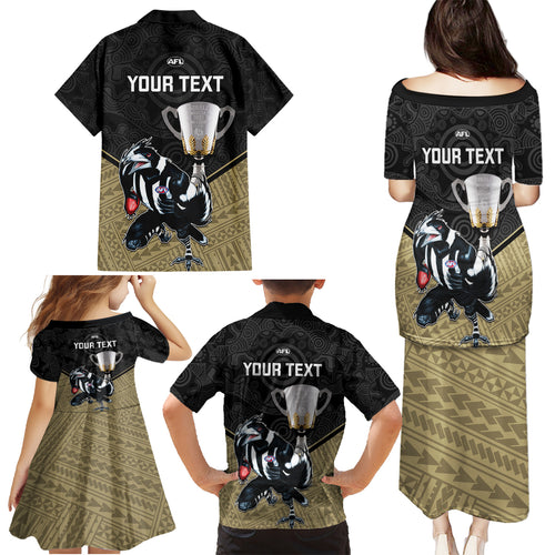 personalised-collingwood-football-family-matching-puletasi-dress-and-hawaiian-shirt-magpies-go-champions-2023-polynesian-indigenous-art