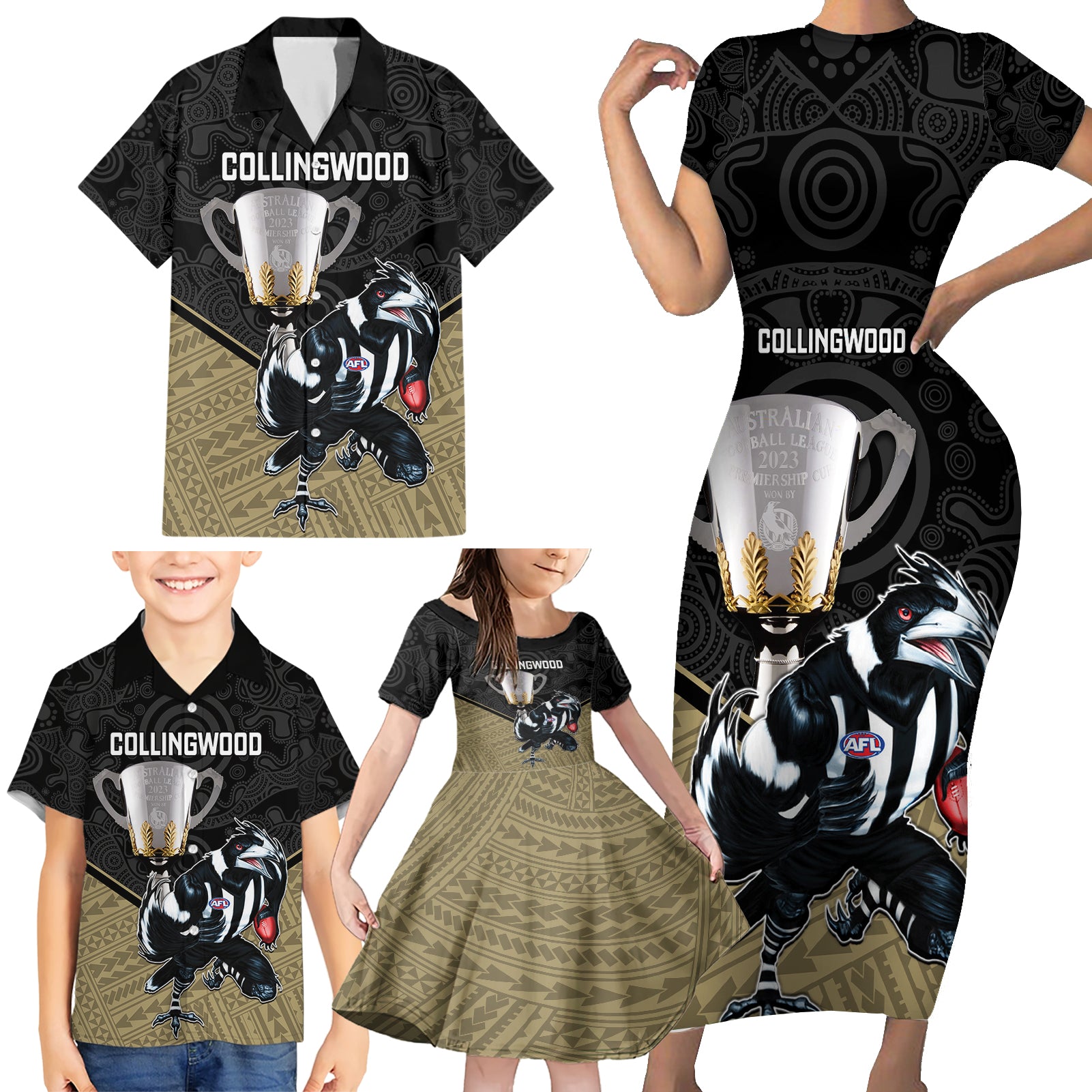 personalised-collingwood-football-family-matching-short-sleeve-bodycon-dress-and-hawaiian-shirt-magpies-go-champions-2023-polynesian-indigenous-art