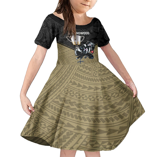 personalised-collingwood-football-family-matching-short-sleeve-bodycon-dress-and-hawaiian-shirt-magpies-go-champions-2023-polynesian-indigenous-art