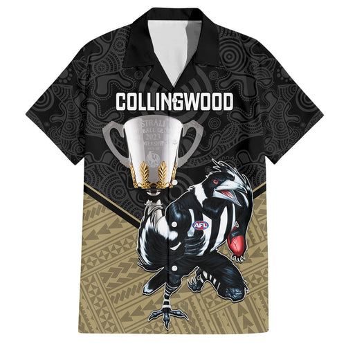 personalised-collingwood-football-family-matching-short-sleeve-bodycon-dress-and-hawaiian-shirt-magpies-go-champions-2023-polynesian-indigenous-art