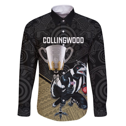 personalised-collingwood-football-family-matching-short-sleeve-bodycon-dress-and-hawaiian-shirt-magpies-go-champions-2023-polynesian-indigenous-art