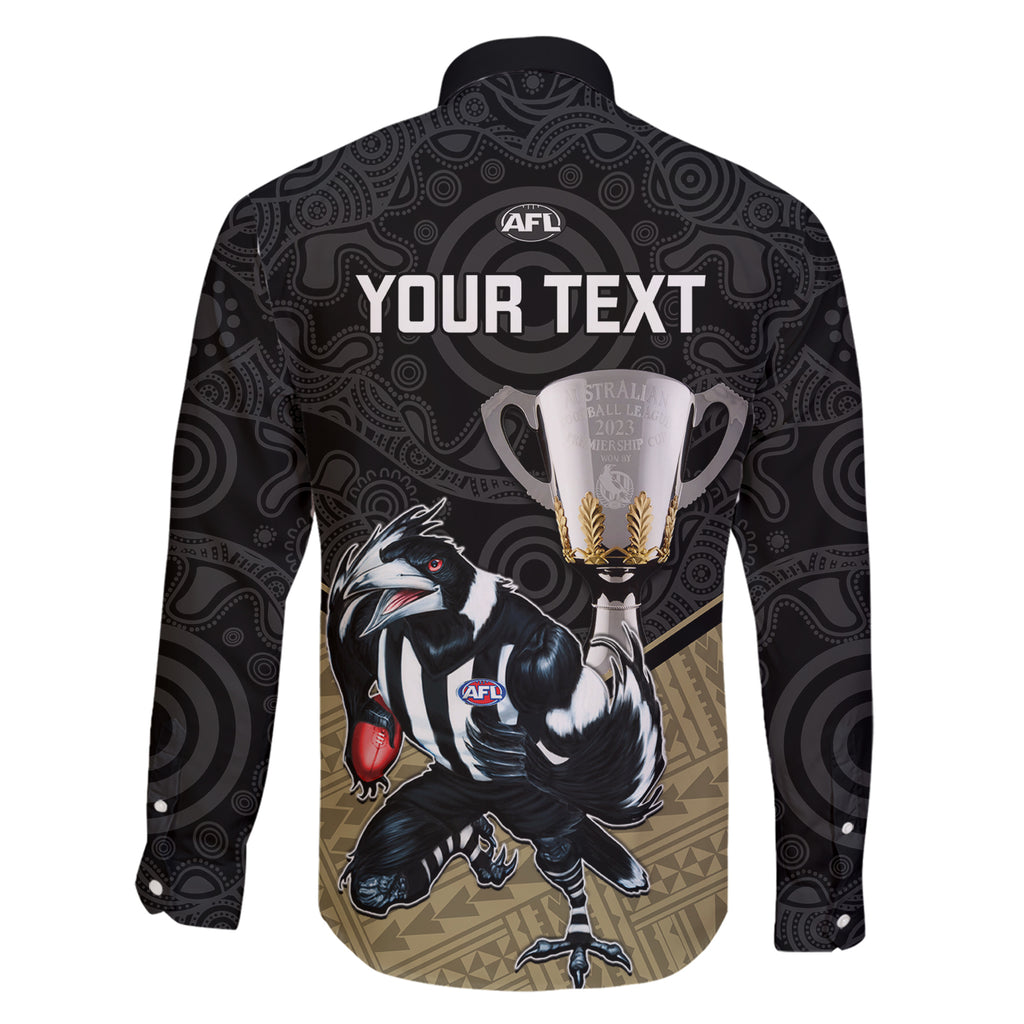 personalised-collingwood-football-family-matching-short-sleeve-bodycon-dress-and-hawaiian-shirt-magpies-go-champions-2023-polynesian-indigenous-art