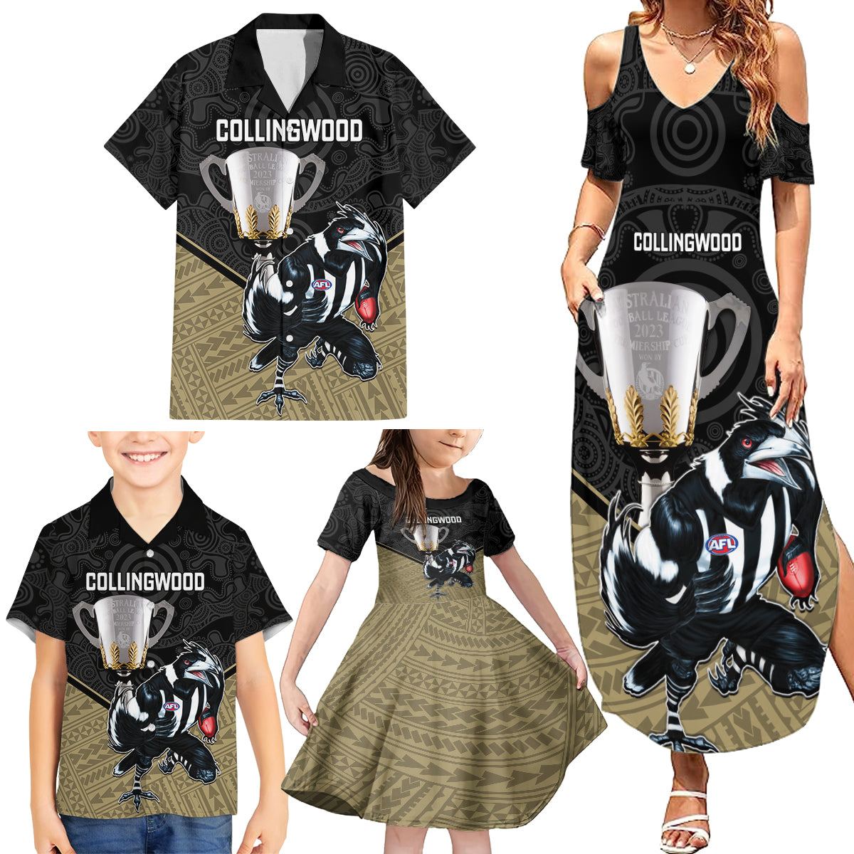 personalised-collingwood-football-family-matching-summer-maxi-dress-and-hawaiian-shirt-magpies-go-champions-2023-polynesian-indigenous-art
