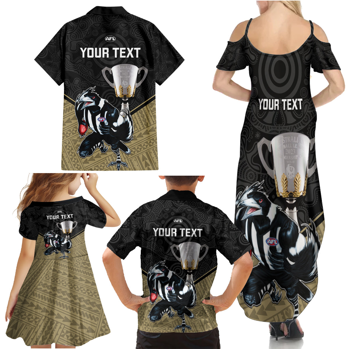 personalised-collingwood-football-family-matching-summer-maxi-dress-and-hawaiian-shirt-magpies-go-champions-2023-polynesian-indigenous-art