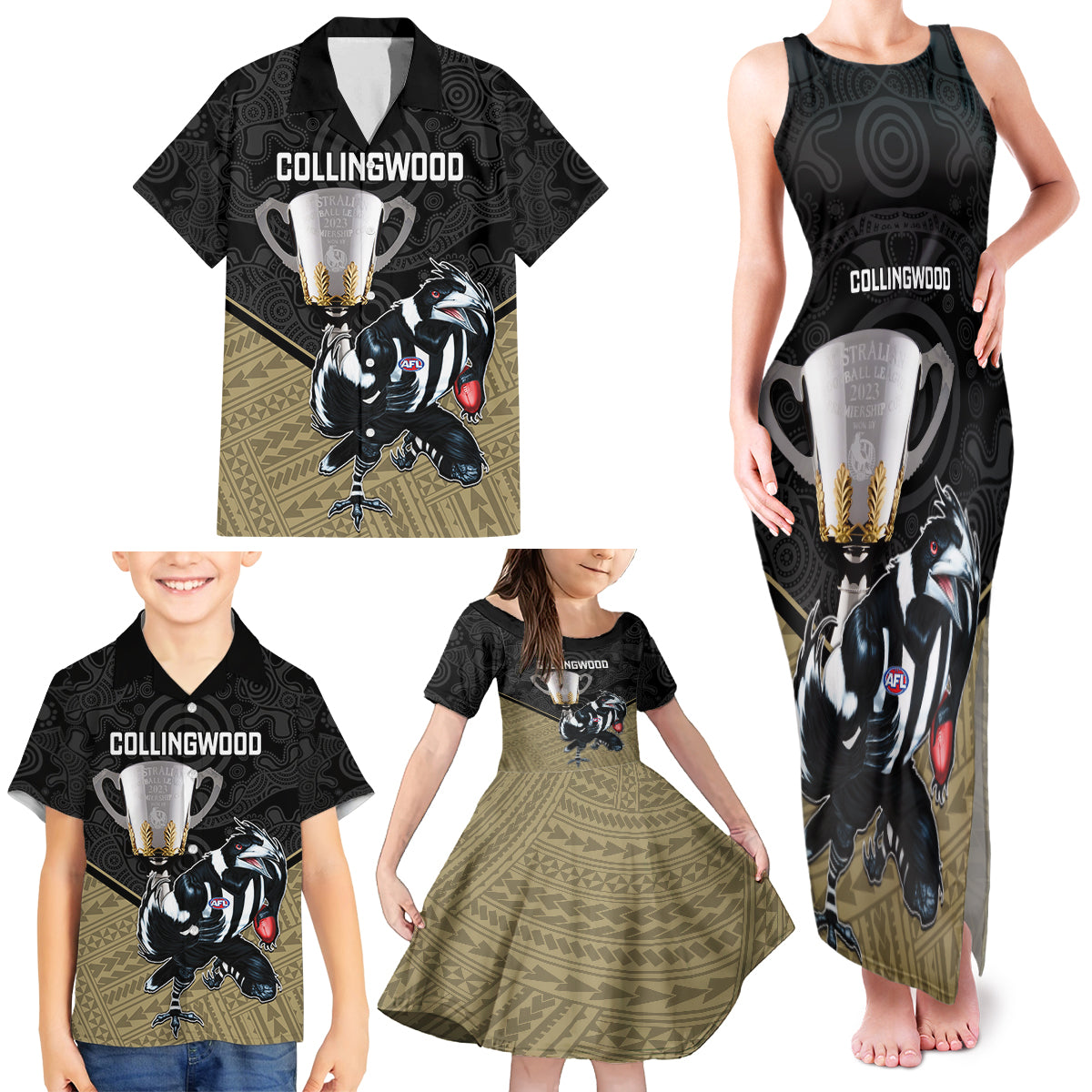 personalised-collingwood-football-family-matching-tank-maxi-dress-and-hawaiian-shirt-magpies-go-champions-2023-polynesian-indigenous-art