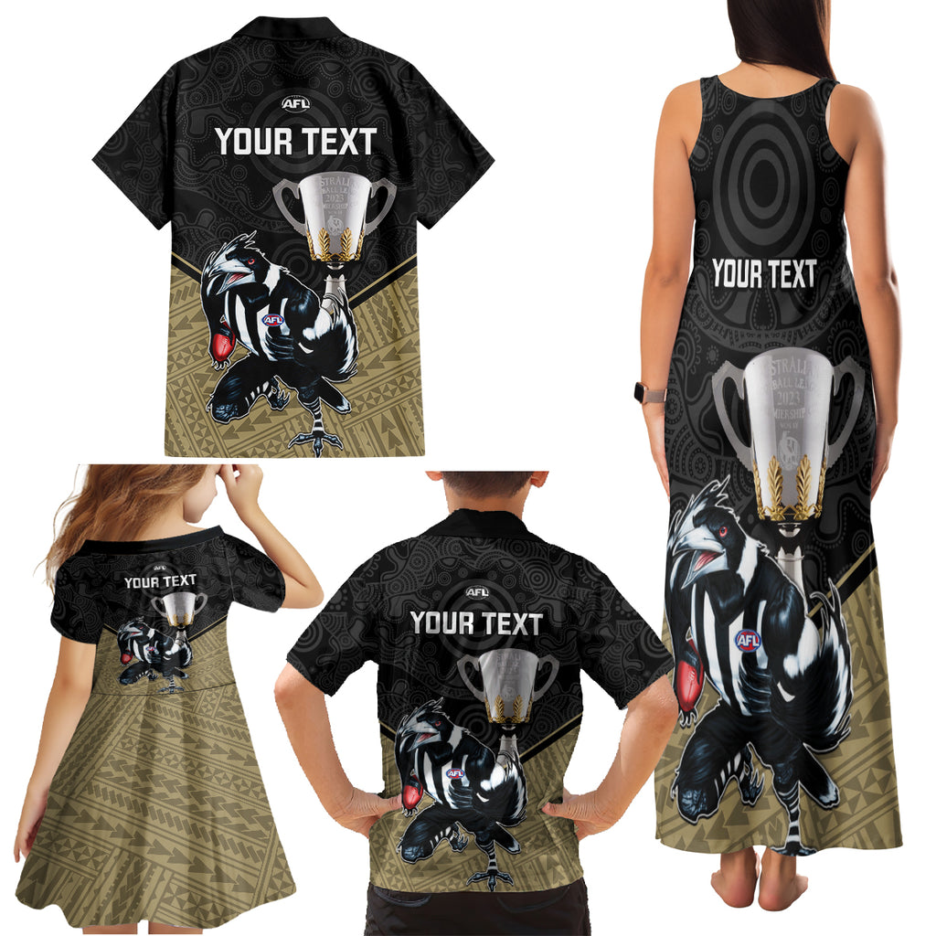 personalised-collingwood-football-family-matching-tank-maxi-dress-and-hawaiian-shirt-magpies-go-champions-2023-polynesian-indigenous-art