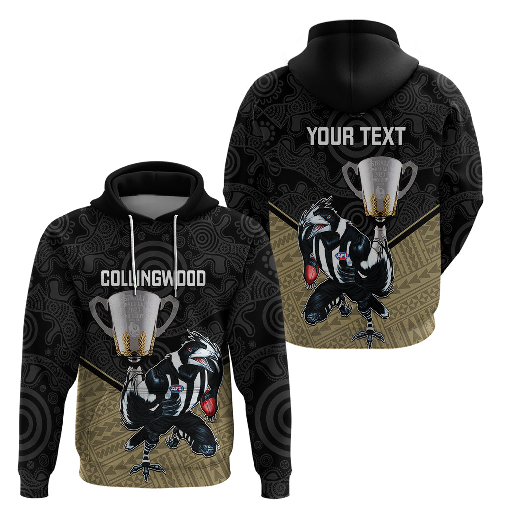 personalised-collingwood-football-hoodie-magpies-go-champions-2023-polynesian-indigenous-art