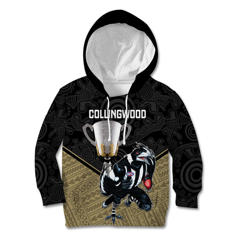 personalised-collingwood-football-kid-hoodie-magpies-go-champions-2023-polynesian-indigenous-art