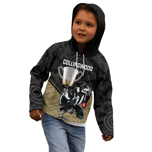 personalised-collingwood-football-kid-hoodie-magpies-go-champions-2023-polynesian-indigenous-art