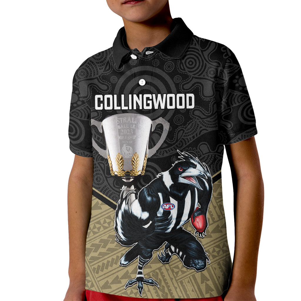 personalised-collingwood-football-kid-polo-shirt-magpies-go-champions-2023-polynesian-indigenous-art