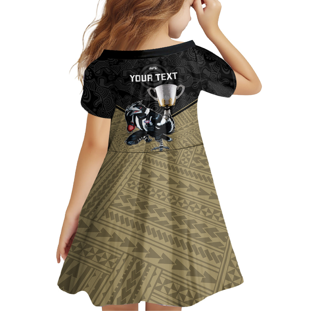 personalised-collingwood-football-kid-short-sleeve-dress-magpies-go-champions-2023-polynesian-indigenous-art