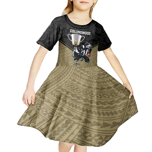 personalised-collingwood-football-kid-short-sleeve-dress-magpies-go-champions-2023-polynesian-indigenous-art