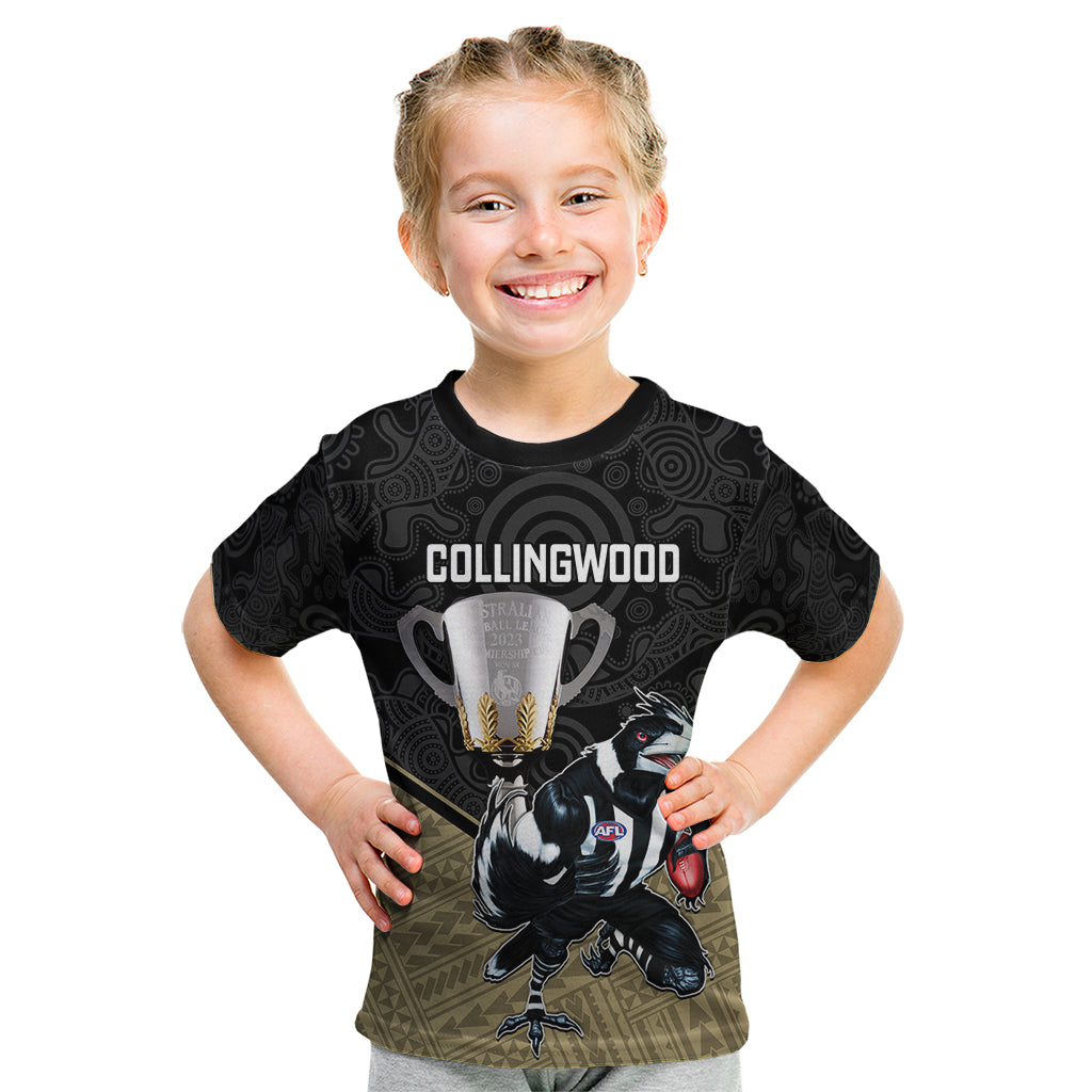 personalised-collingwood-football-kid-t-shirt-magpies-go-champions-2023-polynesian-indigenous-art