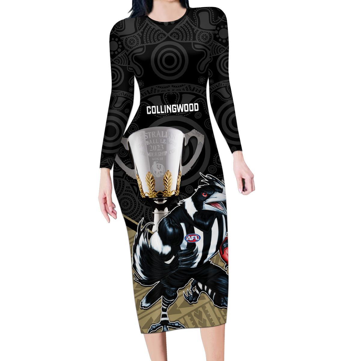 personalised-collingwood-football-long-sleeve-bodycon-dress-magpies-go-champions-2023-polynesian-indigenous-art
