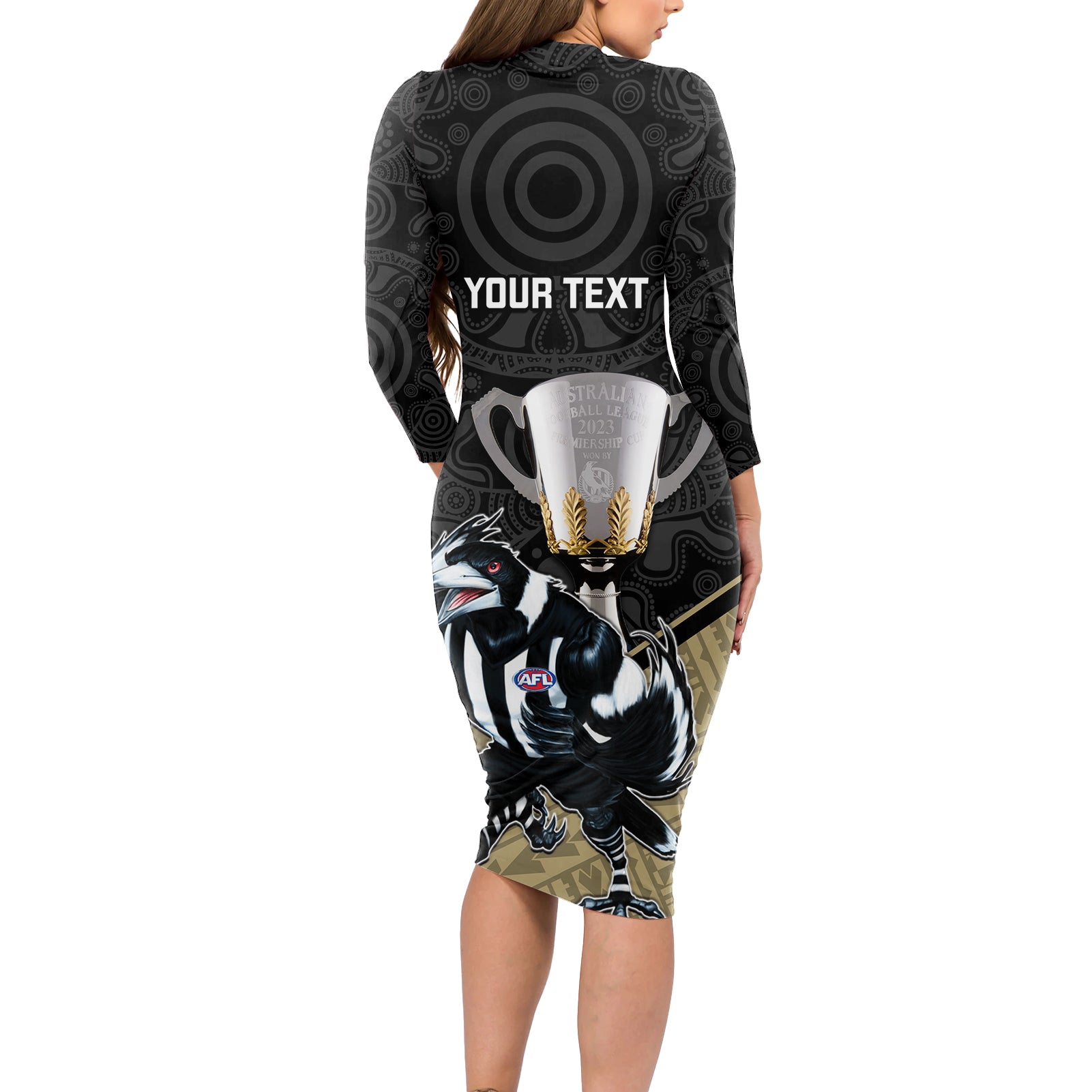 personalised-collingwood-football-long-sleeve-bodycon-dress-magpies-go-champions-2023-polynesian-indigenous-art