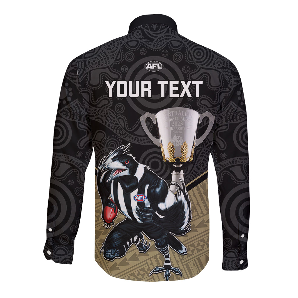 personalised-collingwood-football-long-sleeve-button-shirt-magpies-go-champions-2023-polynesian-indigenous-art