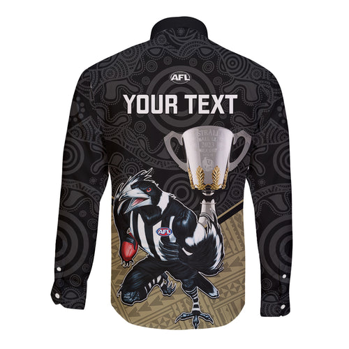personalised-collingwood-football-long-sleeve-button-shirt-magpies-go-champions-2023-polynesian-indigenous-art
