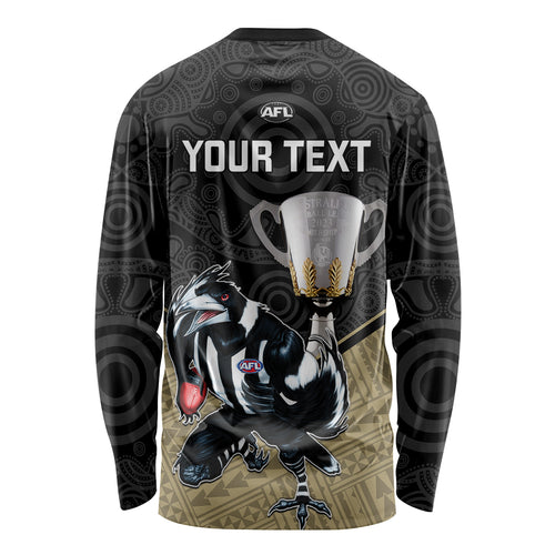 personalised-collingwood-football-long-sleeve-shirt-magpies-go-champions-2023-polynesian-indigenous-art