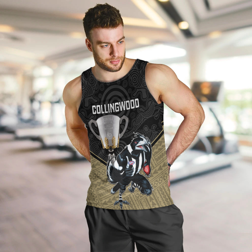 personalised-collingwood-football-men-tank-top-magpies-go-champions-2023-polynesian-indigenous-art