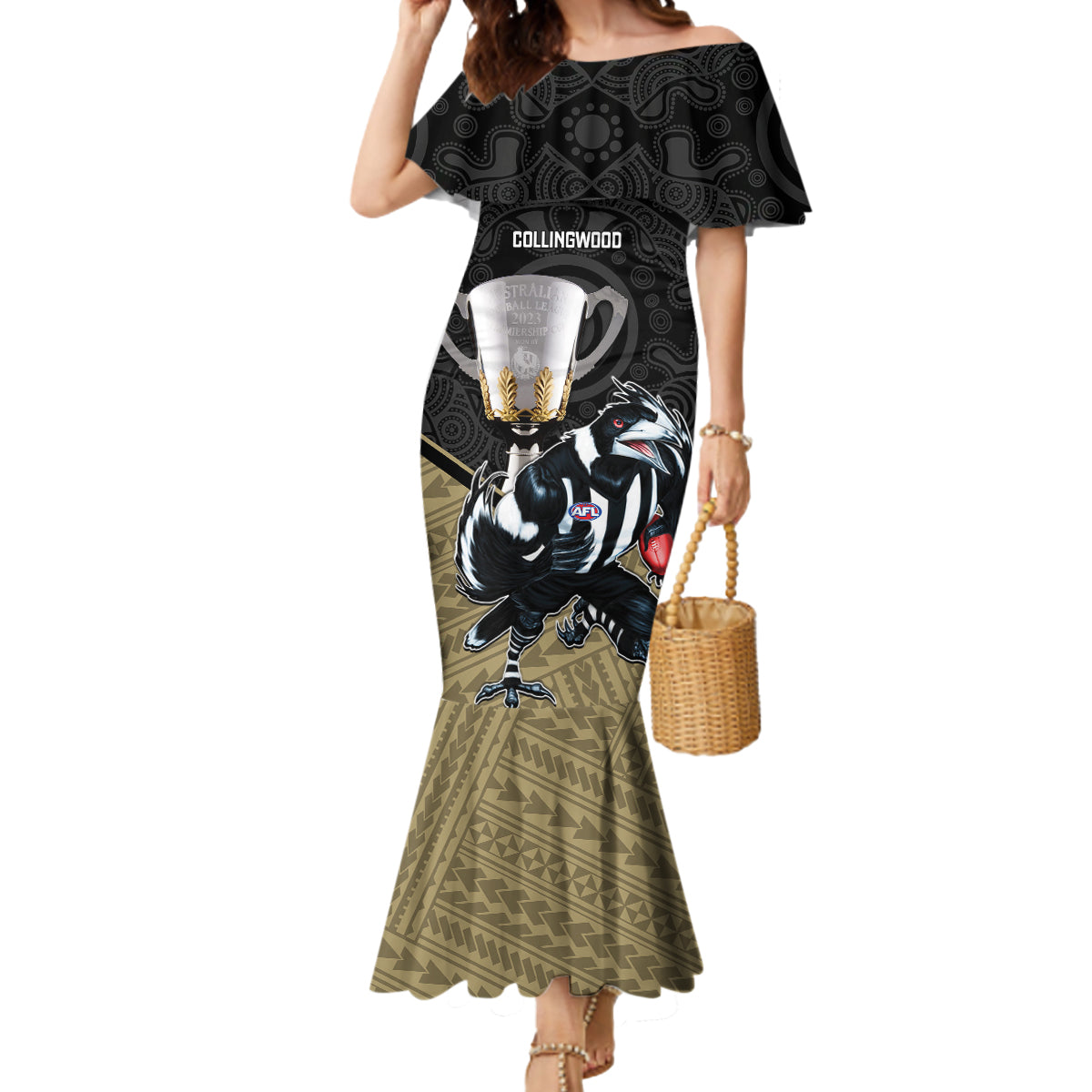personalised-collingwood-football-mermaid-dress-magpies-go-champions-2023-polynesian-indigenous-art