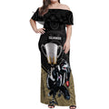 personalised-collingwood-football-off-shoulder-maxi-dress-magpies-go-champions-2023-polynesian-indigenous-art