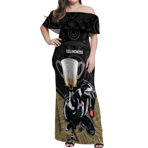 personalised-collingwood-football-off-shoulder-maxi-dress-magpies-go-champions-2023-polynesian-indigenous-art