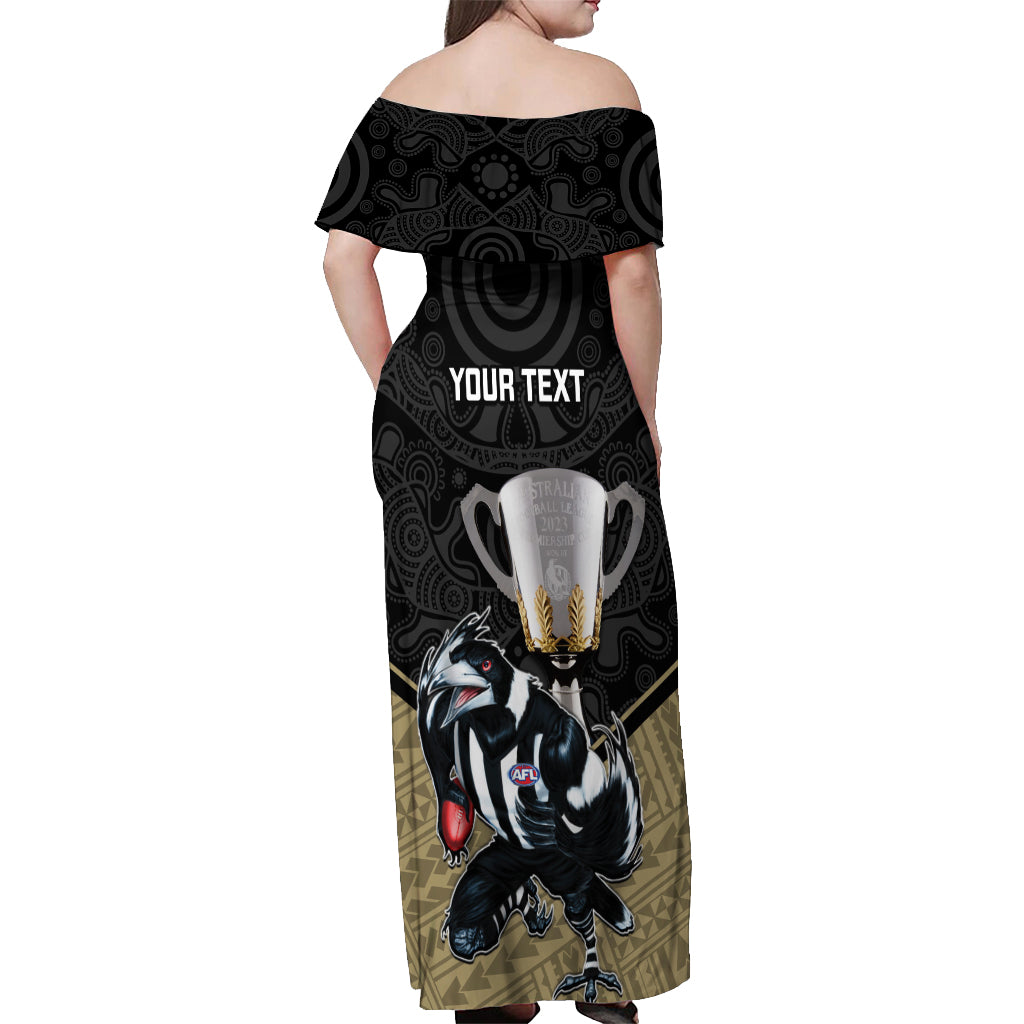 personalised-collingwood-football-off-shoulder-maxi-dress-magpies-go-champions-2023-polynesian-indigenous-art