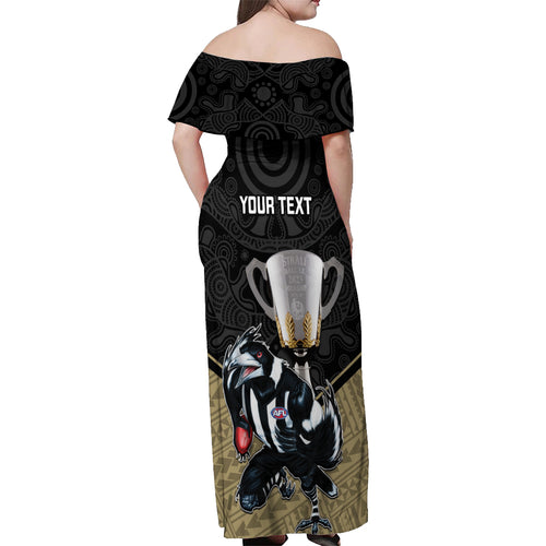 personalised-collingwood-football-off-shoulder-maxi-dress-magpies-go-champions-2023-polynesian-indigenous-art