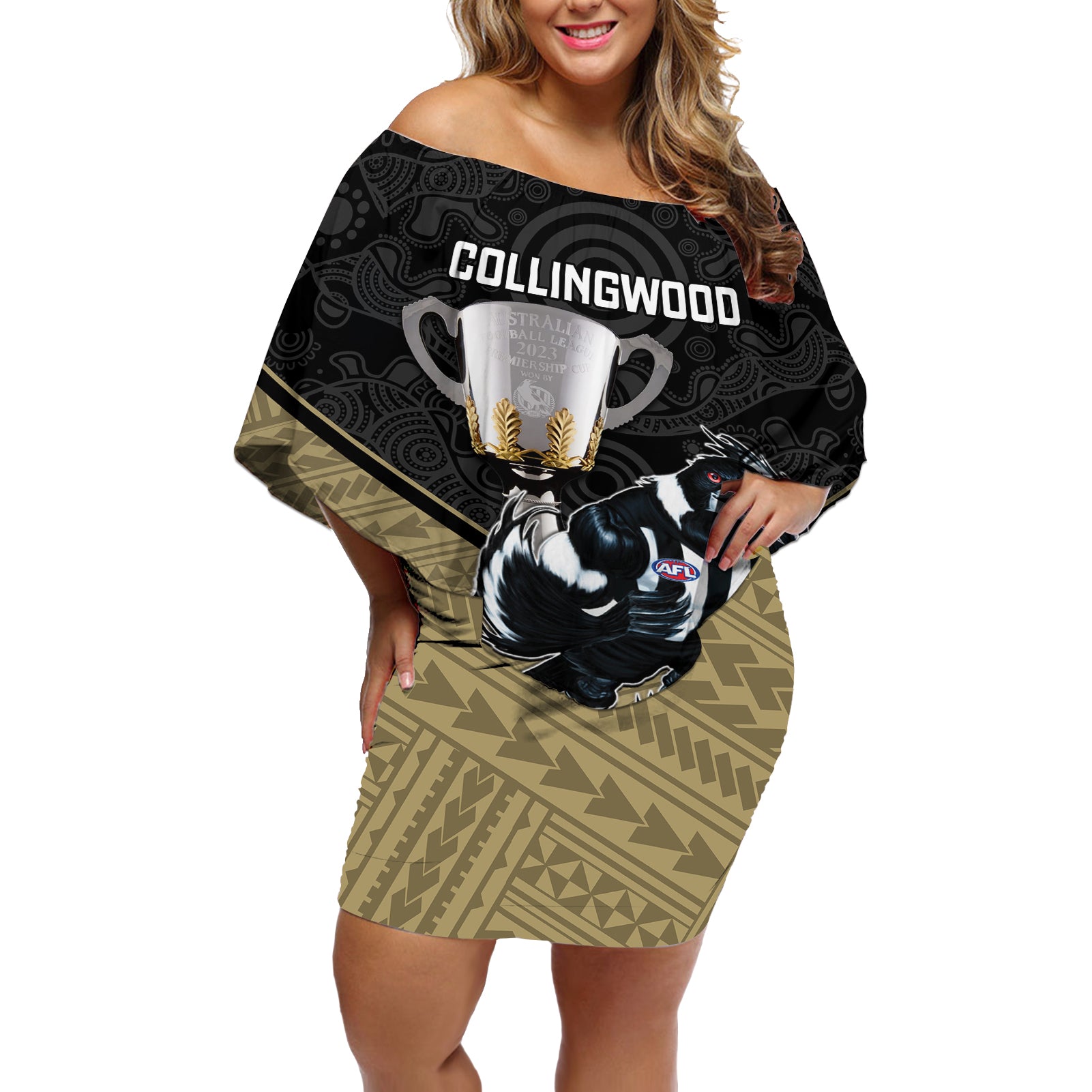personalised-collingwood-football-off-shoulder-short-dress-magpies-go-champions-2023-polynesian-indigenous-art