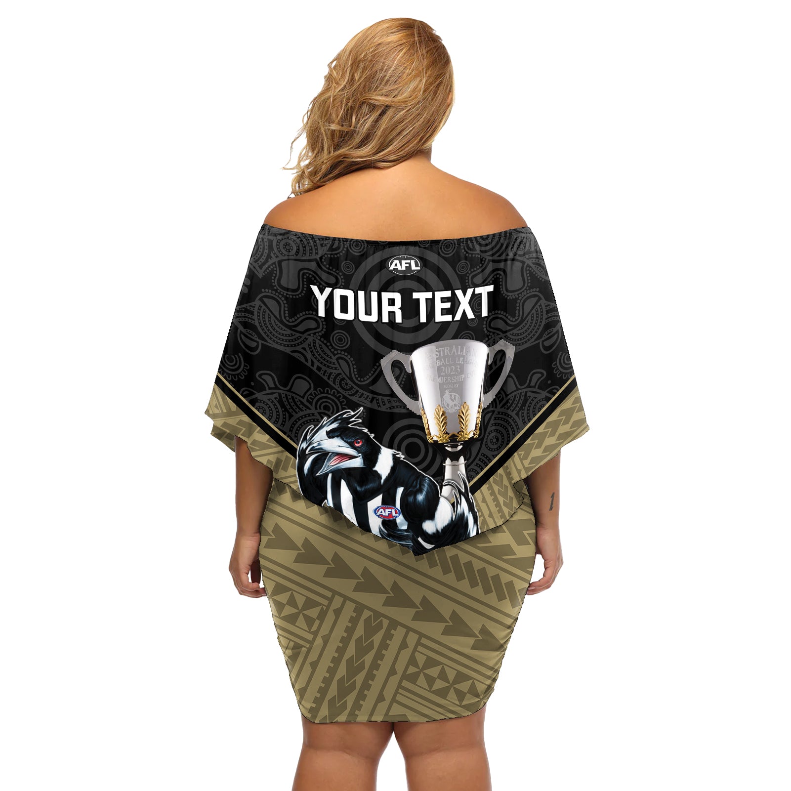 personalised-collingwood-football-off-shoulder-short-dress-magpies-go-champions-2023-polynesian-indigenous-art