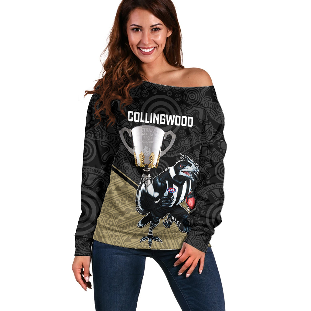 personalised-collingwood-football-off-shoulder-sweater-magpies-go-champions-2023-polynesian-indigenous-art